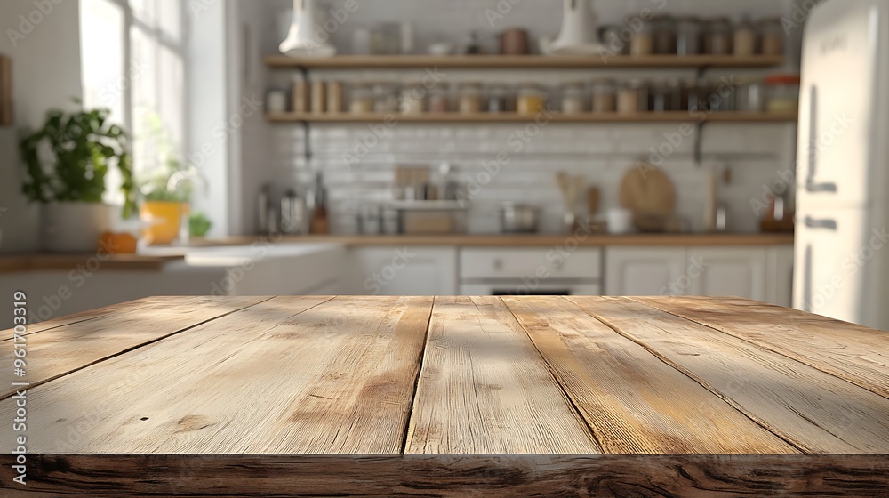 A simple wooden table top in front of a softly blurred kitchen interior, 3D-rendered to create a clean, modern space for product display or montages. A simple wooden table top in front of a softly blurred kitchen interior, 3D-rendered to create a clean, modern space for product display or montages.