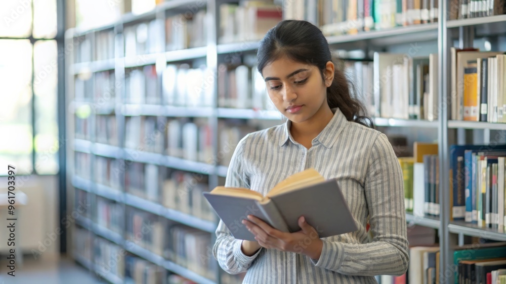 Indian student reading book in a library Indian student reading book in a library