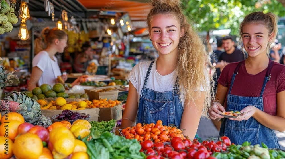 Happy Women Working at Farmers Market Selling Fresh Produce Happy Women Working at Farmers Market Selling Fresh Produce