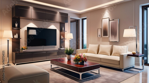 Wallpaper Mural A sleek living room design with a wall-mounted TV, contemporary sofa, lamp, table, and decorative greenery. Generative AI Torontodigital.ca