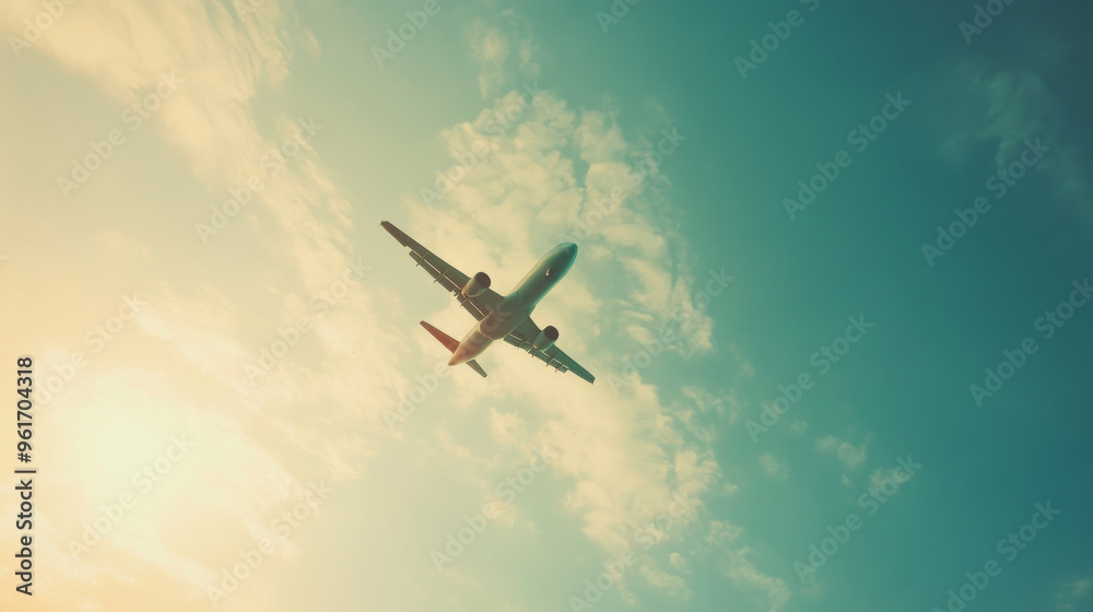 A plane flying through the sky, representing travel and tourism. A plane flying through the sky, representing travel and tourism.