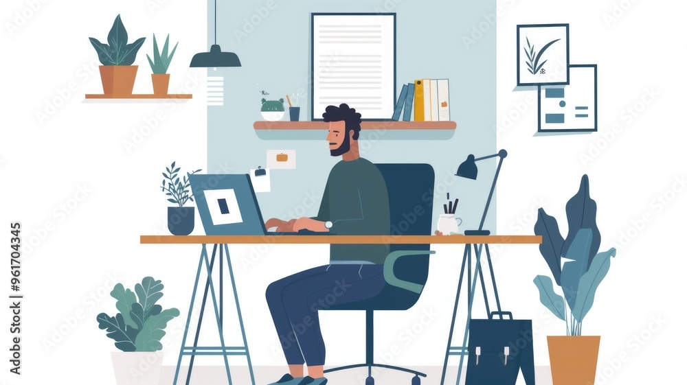 Person working from home in a plant-filled workspace Person working from home in a plant-filled workspace