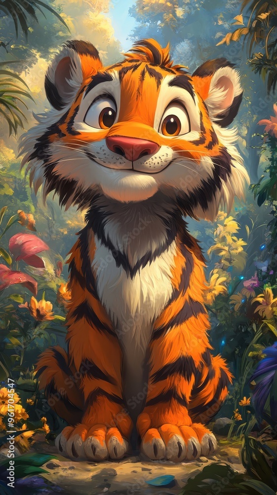 Obraz premium Cartoon art style, a playful tiger character with exaggerated features, bright colors, and a whimsical setting.