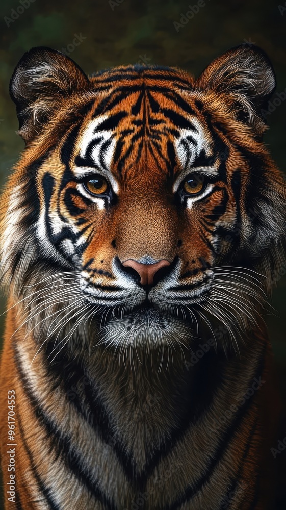 Fototapeta premium Oil painting style, a majestic tiger with rich brushstrokes, detailed stripes, and warm lighting in a classic portrait.