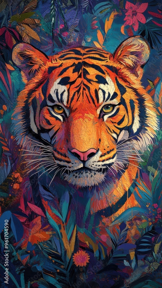Playful, Textured pattern, a tiger with bold, colorful patterns and layered textures in a dynamic design. Playful, Textured pattern, a tiger with bold, colorful patterns and layered textures in a dynamic design.