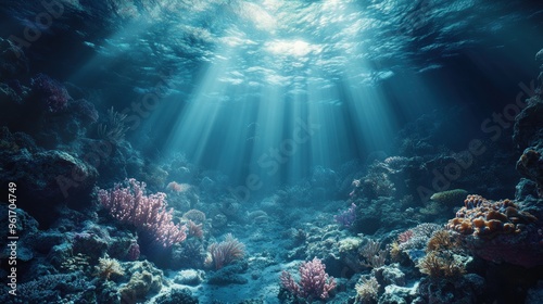 Sunbeams Illuminating Underwater Coral Reef