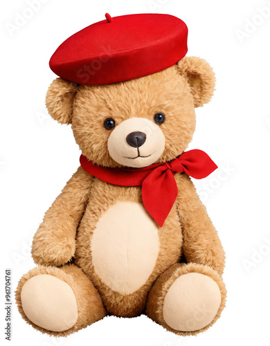 Adorable Teddy Bear with Red Bow Tie and Hat on a transparent background