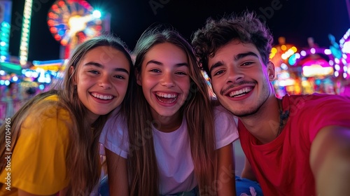 Happy Friends Taking Selfie at Night Amusement Park