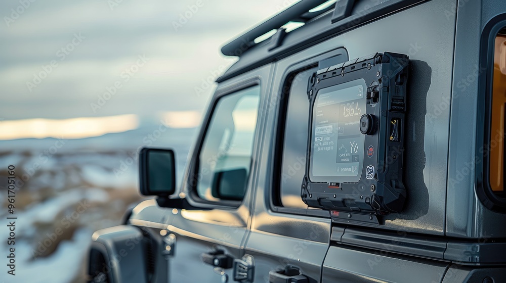 Full front view of a high tech matte black tool box option attached to a off road car window, rugged with soft edges, minimal. Generative AI. Full front view of a high tech matte black tool box option attached to a off road car window, rugged with soft edges, minimal. Generative AI.