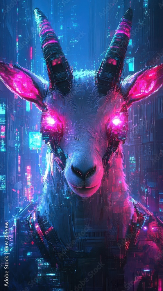 Fototapeta premium Digital art style, a futuristic goat with glowing elements and sleek design, highlighted in a vibrant, modern environment.