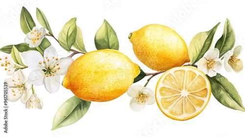 Fototapeta Naklejka Na Ścianę i Meble -  Vibrant Watercolor Lemons and Blossoms - A Fresh Botanical Illustration