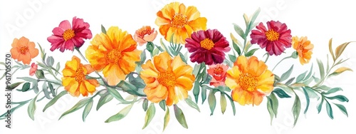 Vibrant Watercolor Floral Arrangement with Colorful Blooms and Lush Greenery