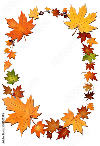 Autumn leaves wreath with orange and red foliage on transparent background