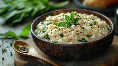 A delicious bowl of creamy risotto garnished with fresh herbs rests on a rustic wooden table