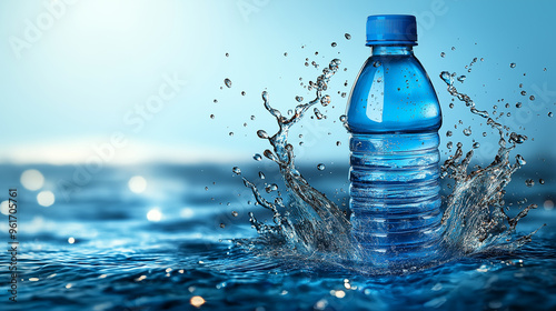 Blue water splash around plastic bottle, refreshing liquid motion, pure drinking water, hydration concept, bottled water freshness, clean clear water, water dynamic, bright blue background