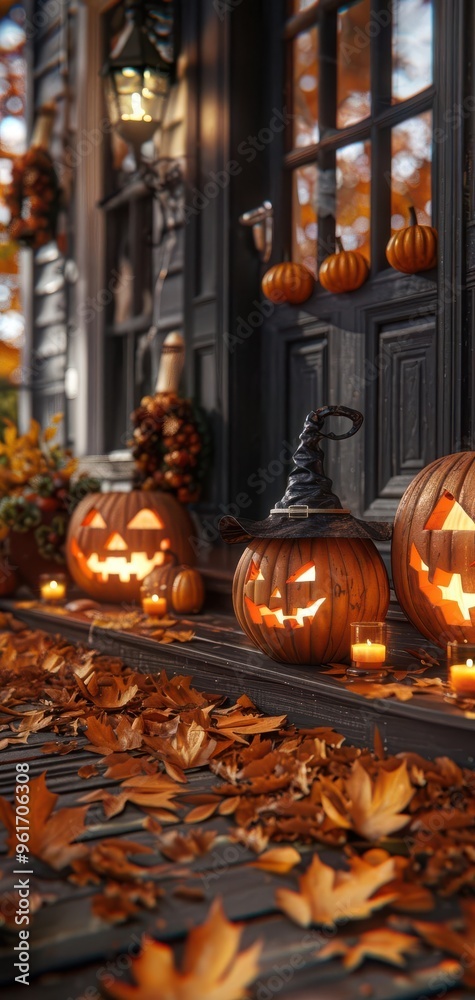 Obraz premium Closeup of a front porch with glowing jackolanterns and flickering candlelight among spooky decorations, autumn leaves scattered, photo realistic