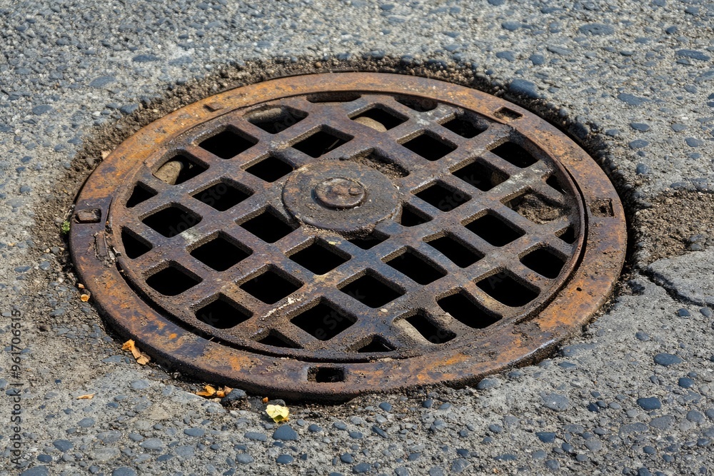 A rusty sewer grate on a road. Perfect for showcasing infrastructure and urban environments.