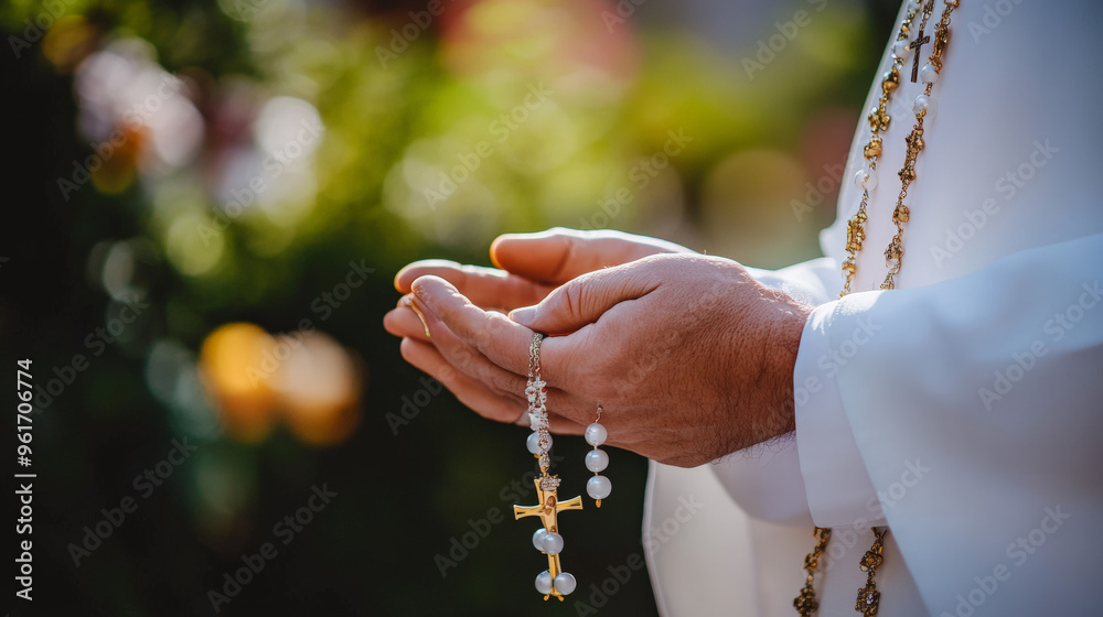 Catholic rosary with cross being held by a hand of a priest with his other being slightly out of focus Catholic rosary with cross being held by a hand of a priest with his other being slightly out of focus