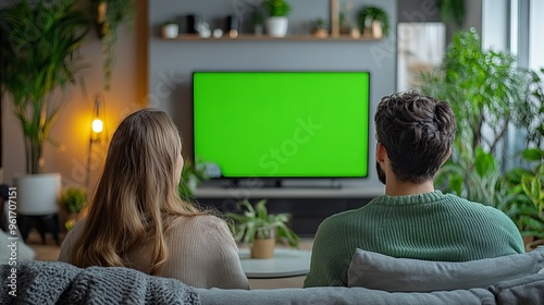 Couple Relaxing on Sofa Watching Green Screen TV in Cozy Living Room
