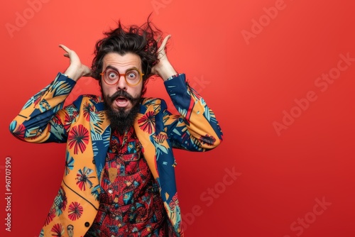 Expressive bearded man sporting youthful extravagant hairdo confidence. Happy and spirited young man bold hairstyle and cheerful expression. Celebrating unique identity 