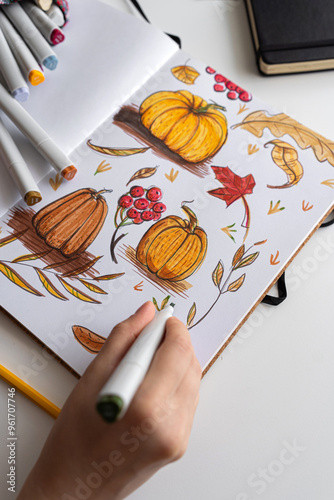 Hand holding marker while drawing autumn illustration