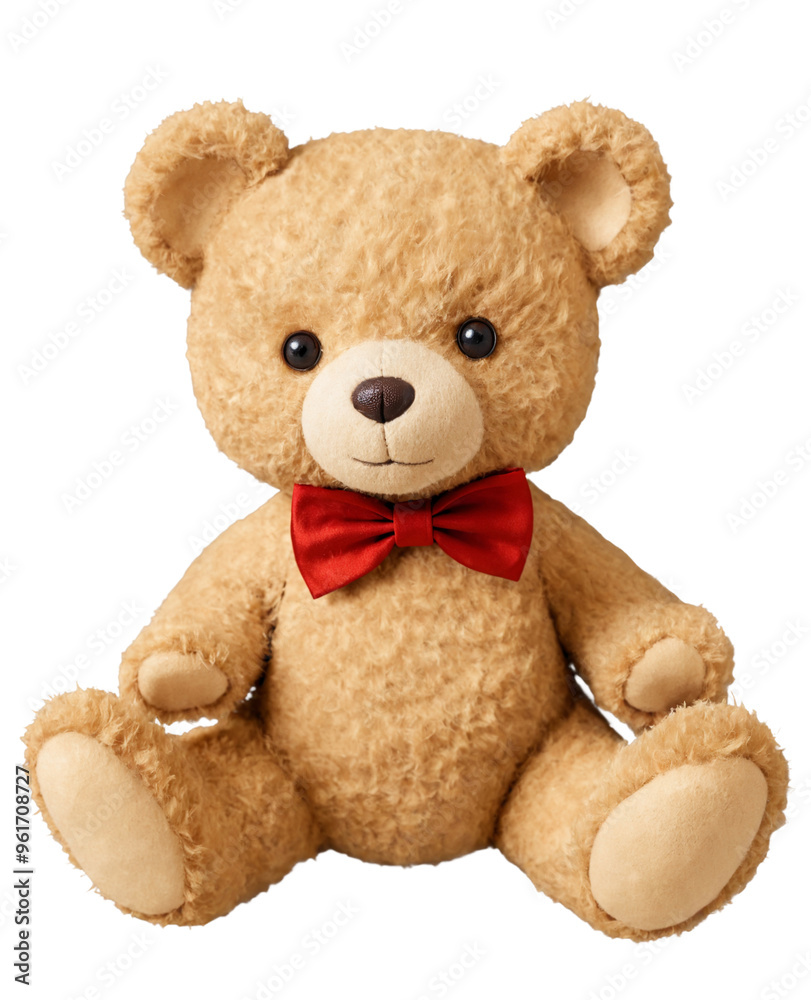 Brown teddy bear with red bow tie sitting on transparent background Brown teddy bear with red bow tie sitting on transparent background