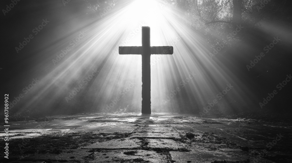 Naklejka premium Black and white, light beams from a big cross