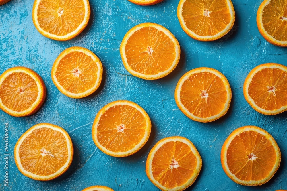 Orange slices on a blue background. Great for food and beverage themes, perfect for illustrating fresh and healthy concepts. Orange slices on a blue background. Great for food and beverage themes, perfect for illustrating fresh and healthy concepts.
