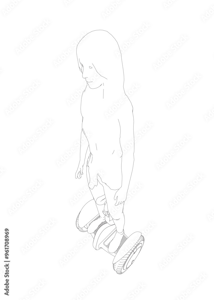 Outline of a girl standing on a segway made of black lines isolated on a white background. Girl riding a segway. Front view. Vector illustration. Outline of a girl standing on a segway made of black lines isolated on a white background. Girl riding a segway. Front view. Vector illustration.