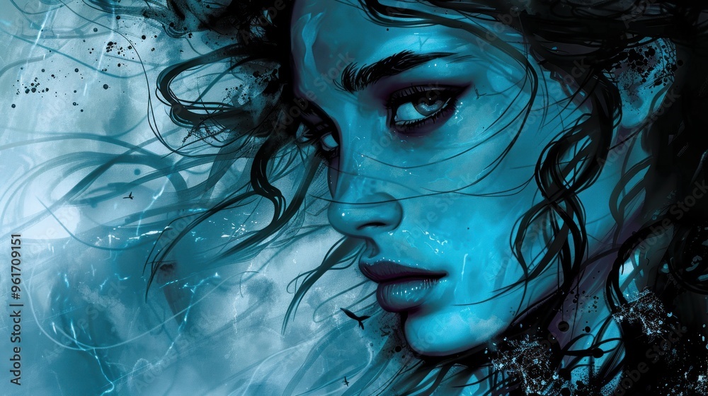 Fototapeta premium Abstract portrait of a woman with blue and black paint.