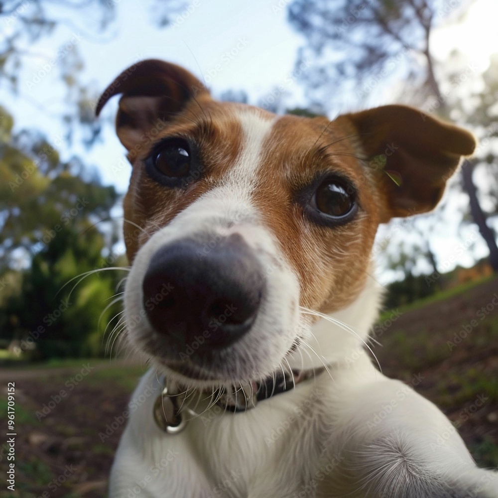 Happy dog enjoying a sunny day in the park, posing playfully for a close-up selfie among trees and grass Happy dog enjoying a sunny day in the park, posing playfully for a close-up selfie among trees and grass