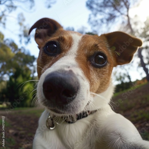 Happy dog enjoying a sunny day in the park, posing playfully for a close-up selfie among trees and grass