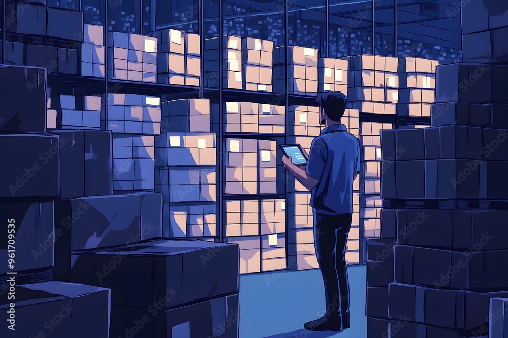 Man in a Warehouse Using a Tablet Among Stacks of Boxes Man in a Warehouse Using a Tablet Among Stacks of Boxes