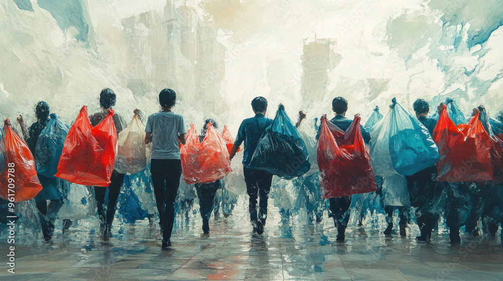 Obraz premium Depictions of people struggling with multiple plastic bags, showing the practicality but also the excess of single-use plastics.