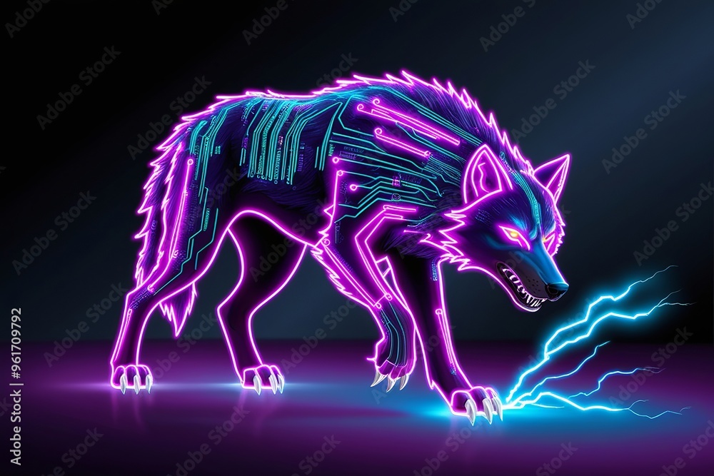 Futuristic Neon Wolf with Glowing Circuitry.Made with Generative AI Technology Futuristic Neon Wolf with Glowing Circuitry.Made with Generative AI Technology