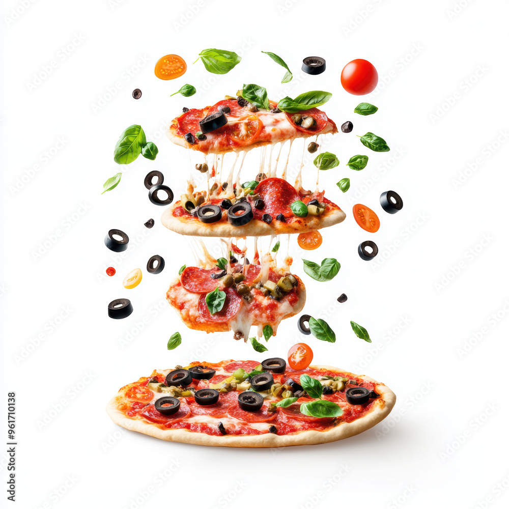 Flying Pizza with Toppings. Flying Pizza with Toppings.
