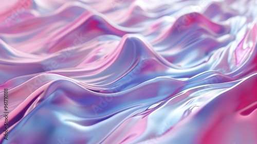 Colorful waves of pink and blue fabric ripple gracefully, creating a soft, flowing texture in a serene environment