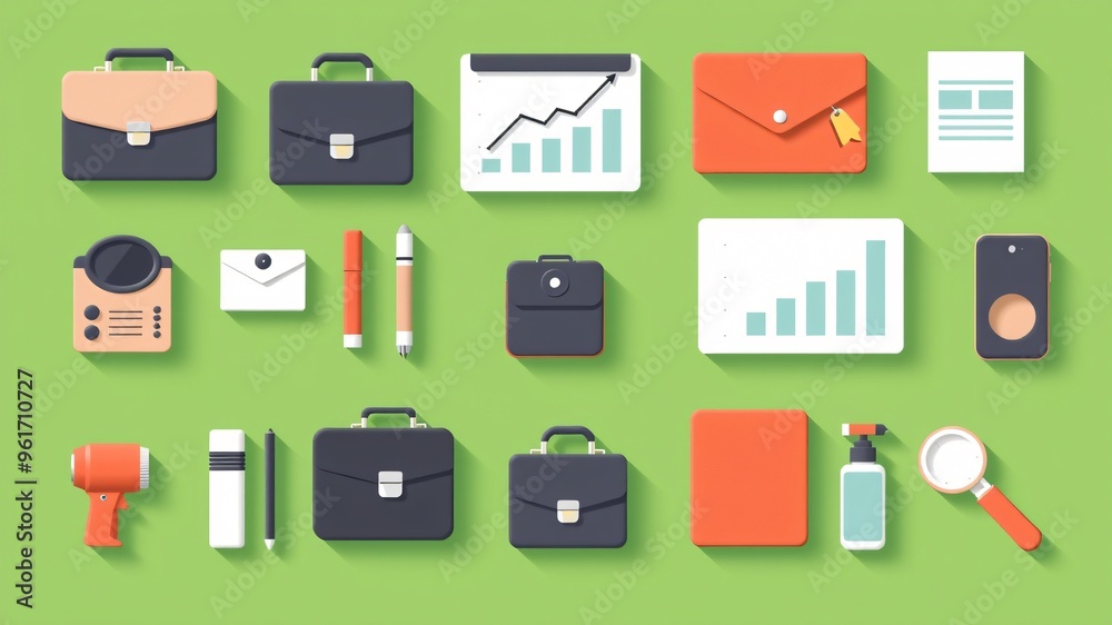 Collection of office supplies and documents displayed on a vibrant green background showcasing various work-related items Collection of office supplies and documents displayed on a vibrant green background showcasing various work-related items