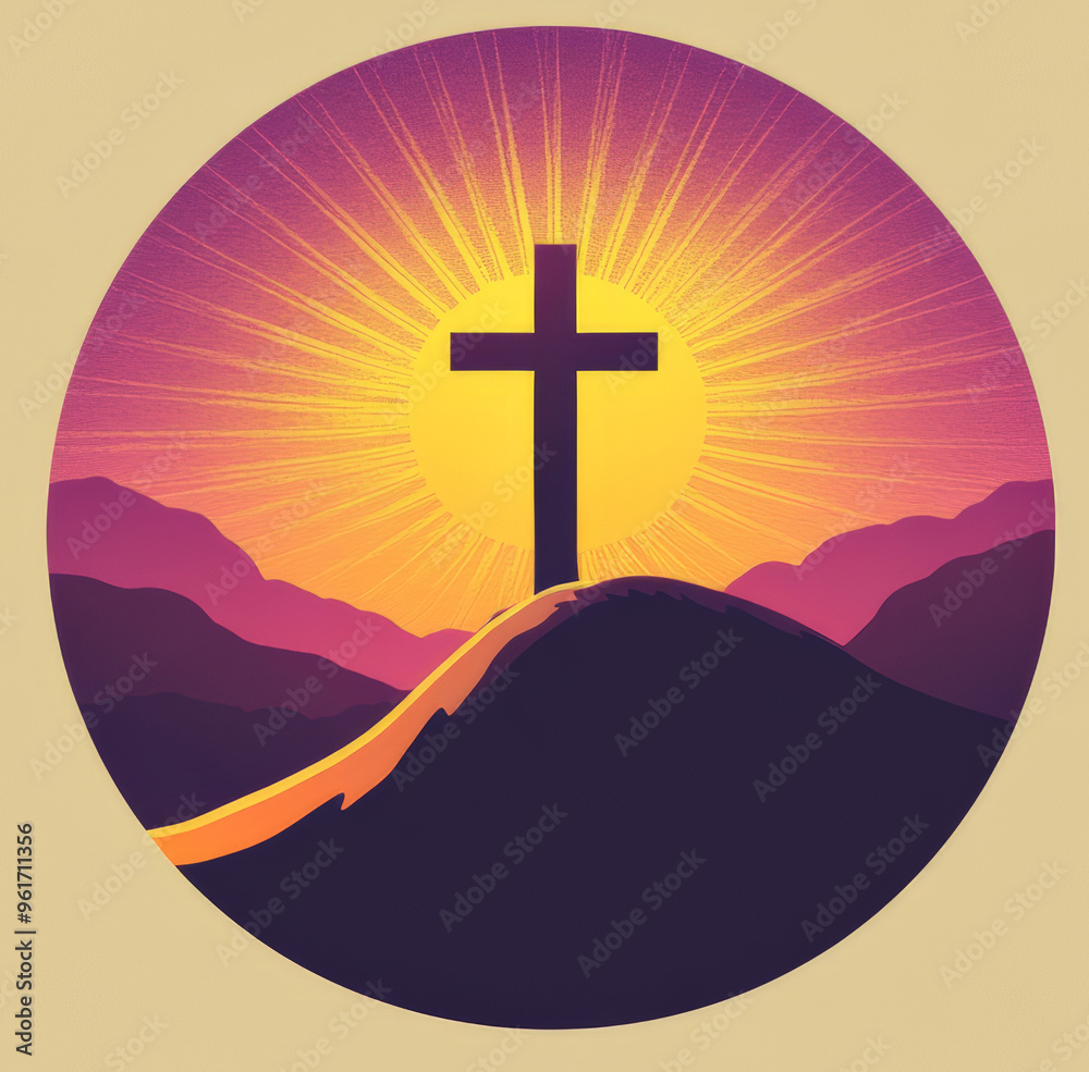 2d circular logo of a big cross that fades into a hill, sun rays emerge ...