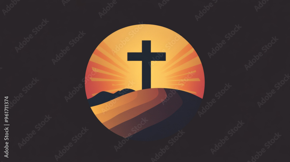 2d circular logo of a big cross that fades into a hill, sun rays emerge ...