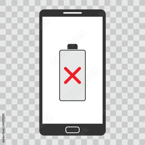 Smartphone with a depleted battery icon on the screen. Replace dead battery or low battery screen concept