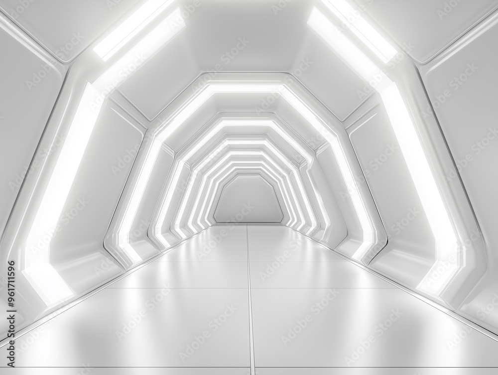 Fototapeta premium Empty futuristic white hallway with glowing LED lights, modern sci-fi architecture, clean minimalist design, bright corridor, geometric shapes, futuristic interior, sleek futuristic passageway
