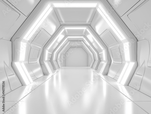 Empty futuristic white hallway with glowing LED lights, modern sci-fi architecture, clean minimalist design, bright corridor, geometric shapes, futuristic interior, sleek futuristic passageway