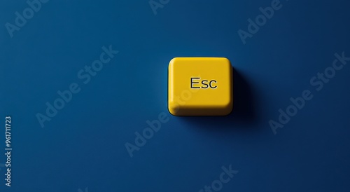 Yellow keyboard escape key on blue background symbolizing freedom and escape from digital constraints in a technology context