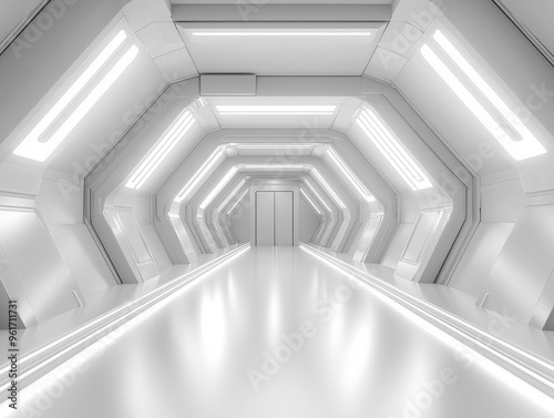 Empty futuristic white hallway with glowing LED lights, modern sci-fi architecture, clean minimalist design, bright corridor, geometric shapes, futuristic interior, sleek futuristic passageway