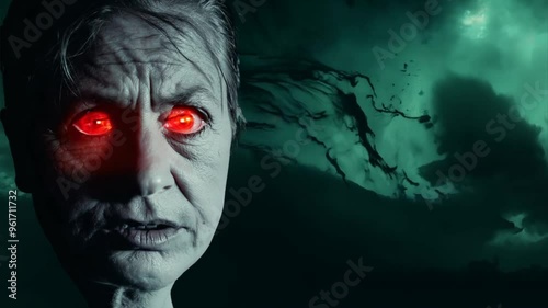 Mad demonic woman head with glowing red eyes in hell photo