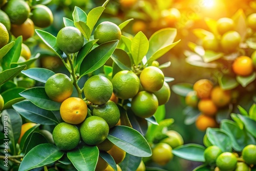 Wallpaper Mural In a vibrant orchard, a calamansi tree radiates warmth, its glossy green leaves and small, round citrus fruits Torontodigital.ca