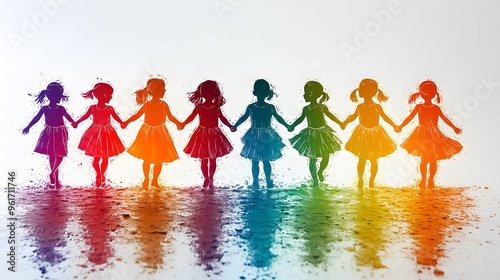 Papercut effect with a group of happy children holding hands, in vivid colors against a white background.