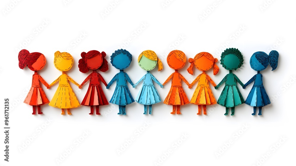 Papercut design of a group of diverse kids holding hands, featuring a plain white background. Papercut design of a group of diverse kids holding hands, featuring a plain white background.