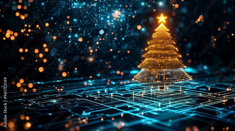 © Анастасия Комарова - Beautiful Merry Christmas greeting card computer technology style. Christmas tree digital technology. Christmas poster template, Christmas cards digital technology style with details.